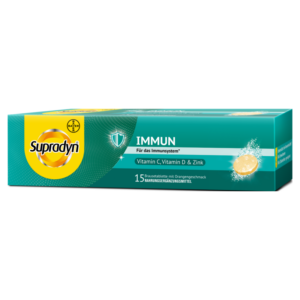 Packung mit Brausetabletten für das Immunsystem, Geschmack Orange, enthält Vitamin C, D und Zink.