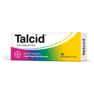 Verpackung von Talcid Kautabletten mit der Aufschrift 'Wirkstoff: Hydroxid' und 'Gegen Magenübersäuerung'.