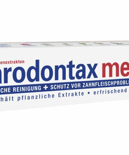 Verpackung der Zahnpasta parodontax med mit Pflanzenextrakten für tägliche Reinigung und Schutz vor Zahnfleischproblemen.
