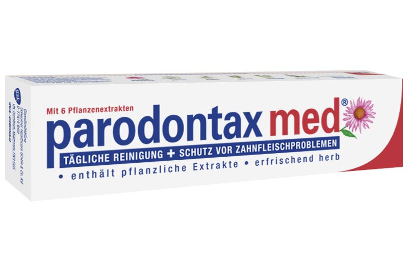 ParodontaxMed_Zahnpasta.jpg Verpackung der Zahnpasta parodontax med mit Pflanzenextrakten für tägliche Reinigung und Schutz vor Zahnfleischproblemen.