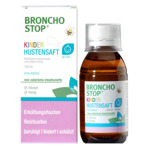 Broncho Stop Kinder Hustensaft in einer durchsichtigen Flasche mit einem Schraubverschluss und einer farbigen Verpackung.
