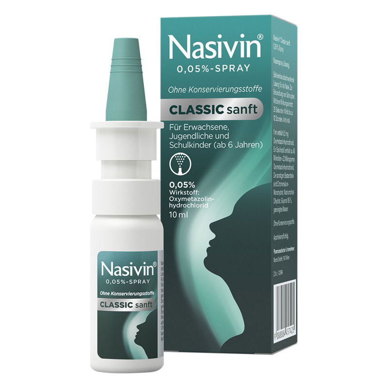 Nasivin-Nasenspray-sanft-2025.png Nasivin Classic sanft Nasenspray in einer weißen Sprühflasche mit grüner Umverpackung.