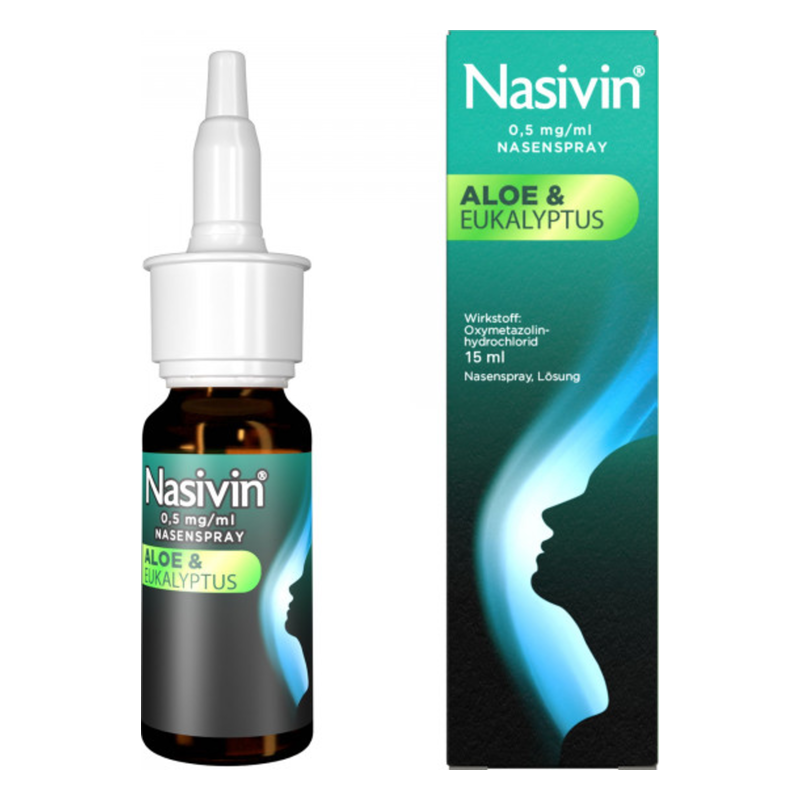 nasivin_aloe_2025.png Nasenspray-Flasche mit Eukalyptus und Aloe, grüne Verpackung mit angegebenem Wirkstoff und Anwendungshinweisen.