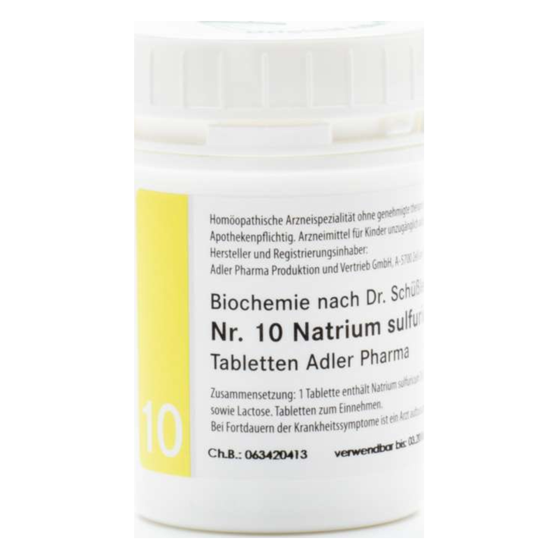 Schuessler-salz-adler-nr-10-2025.png Runddose mit homöopathischen Tabletten, beschriftet mit "Nr. 10 Natrium sulfuricum" und Hinweisen zur Anwendung.