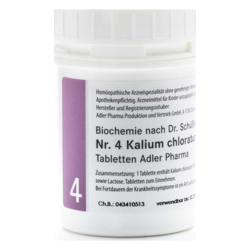 schuesslersalze_adler_nr4_2025.png Weißer Kunststoffbehälter mit lila Etikett, der homöopathische Tabletten Kalium chloratum enthält.