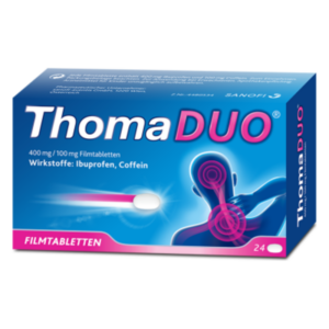 Verpackung von ThomaDUO Filmtabletten mit Wirkstoffen Ibuprofen und Coffein, grafische Darstellung eines schmerzlinderneds Themas.