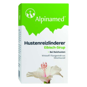 Verpackung des Hustendreizlinderer Eibisch-Sirups von Alpinamed mit weißer Blüte und grüner Schrift.