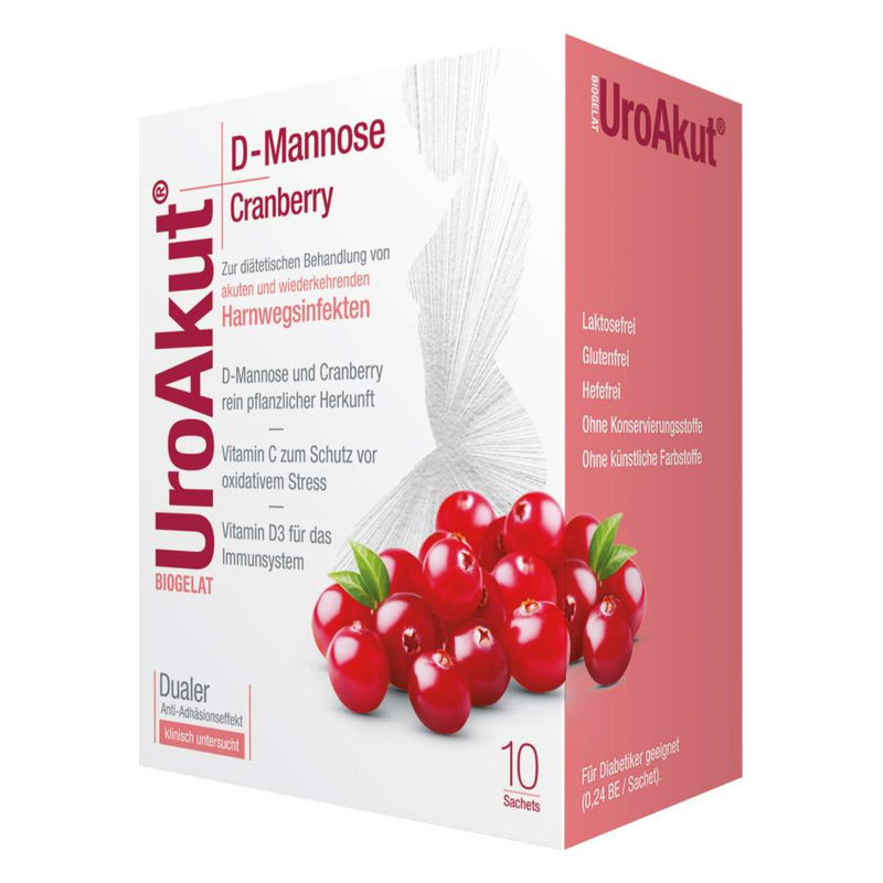 Biogelat-Uroakut-D-Mannose-Granulat-2025.png Verpackung von UroAkut D-Mannose Cranberry mit Informationen zur Anwendung bei Harnwegsinfekten und Zutaten.