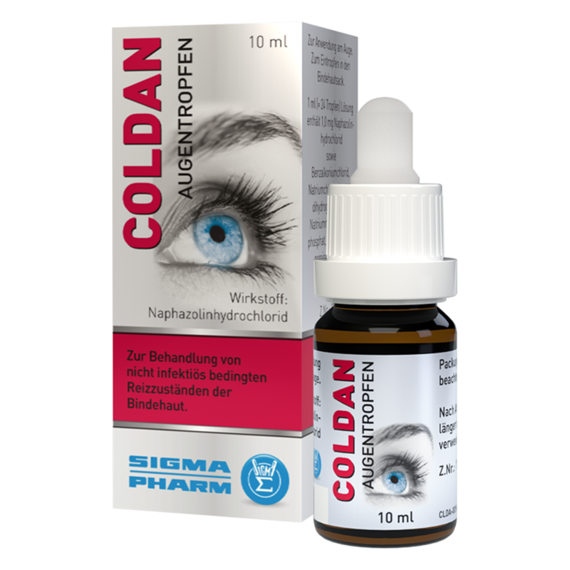 Coldan-augentropfen-2025.png Augentropfen in einer braunen Flasche mit weißem Tropfverschluss und Verpackung, die eine Augenillustration zeigt.