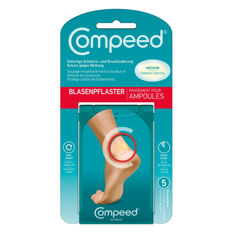 Compeed-pflaster-medium-5-2025.png Verpackung eines Blasenpflasters von Compeed in der Größe Medium mit Anweisungen zur Schmerz- und Drucklinderung.