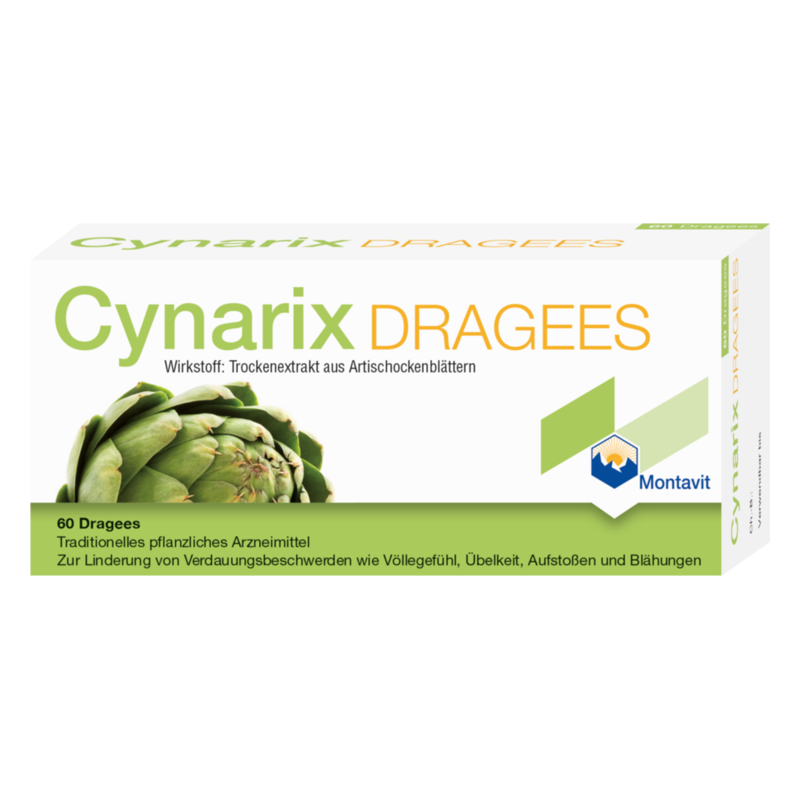 Cynarix-dragees-2025.png Verpackung von Cynarix Dragees mit einem Artischocken-Logo und Informationen über die Wirkstoffe und Anwendung.