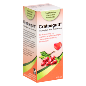 Verpackung von Crataegutt, einer flüssigen Arznei zur Unterstützung der Herzleistung, abgebildet auf einer steilen Ansicht.