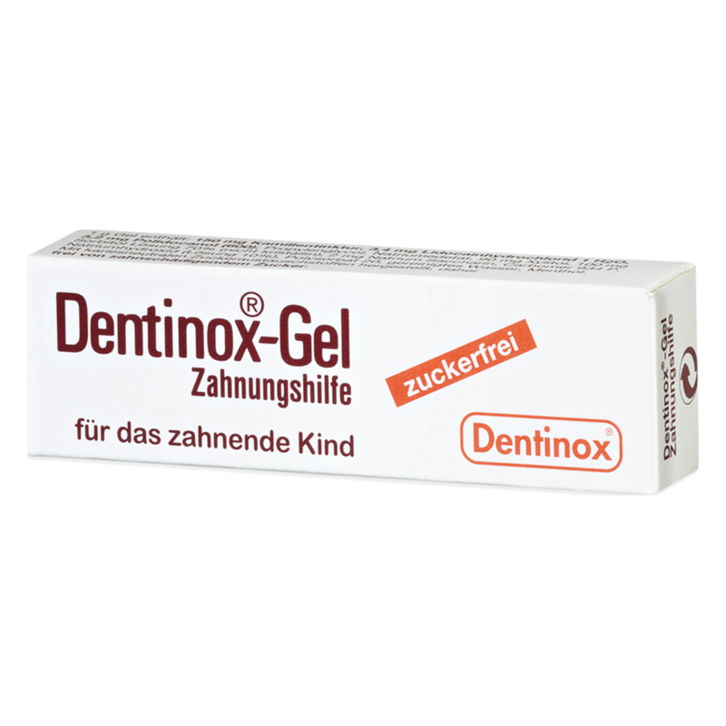 Dentinox-Gel-Zahnungshilfe-2025.png Verpackung von Dentinox-Gel, einer zuckerfreien Zahnungshilfe für Kinder, in einer weißen Box mit rotem Text.