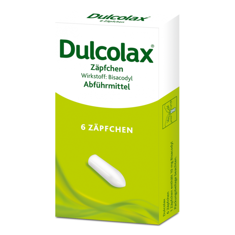 Dulcolax-10mg-zaepfchen-6st-2025.png Verpackung von Dulcolax Zäpfchen mit dem Wirkstoff Bisacodyl, Abführmittel, grün-weiße Gestaltung.