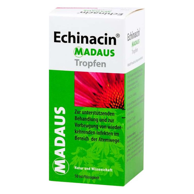 Echinacin-Madaus-Tropfen-50ml.png Packung von Echinacin Madaus Tropfen mit grüner und weißer Gestaltung für Atemwegserkrankungen.