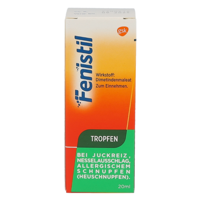 Fenistil-Tropfen-20ml-2025.png Fenistil Tropfen in einer orangenen und grünen Verpackung, 20 ml, zur Linderung von Juckreiz und Allergien.