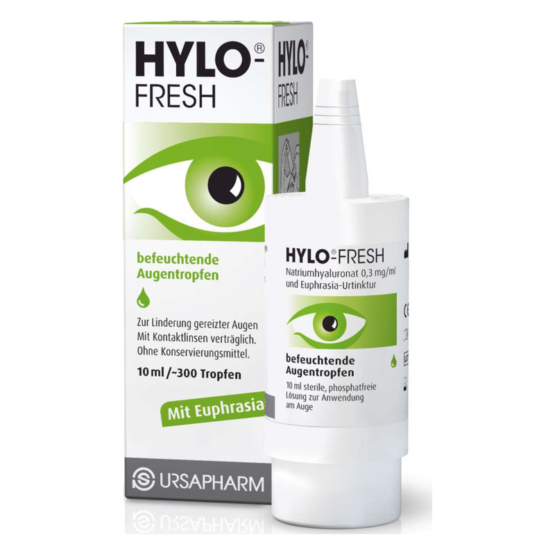Hylo-fresh-2025.png Flasche mit befeuchtenden Augentropfen in einer Verpackung, grüne Akzente und Augenmotiv, 10 ml Inhalt.