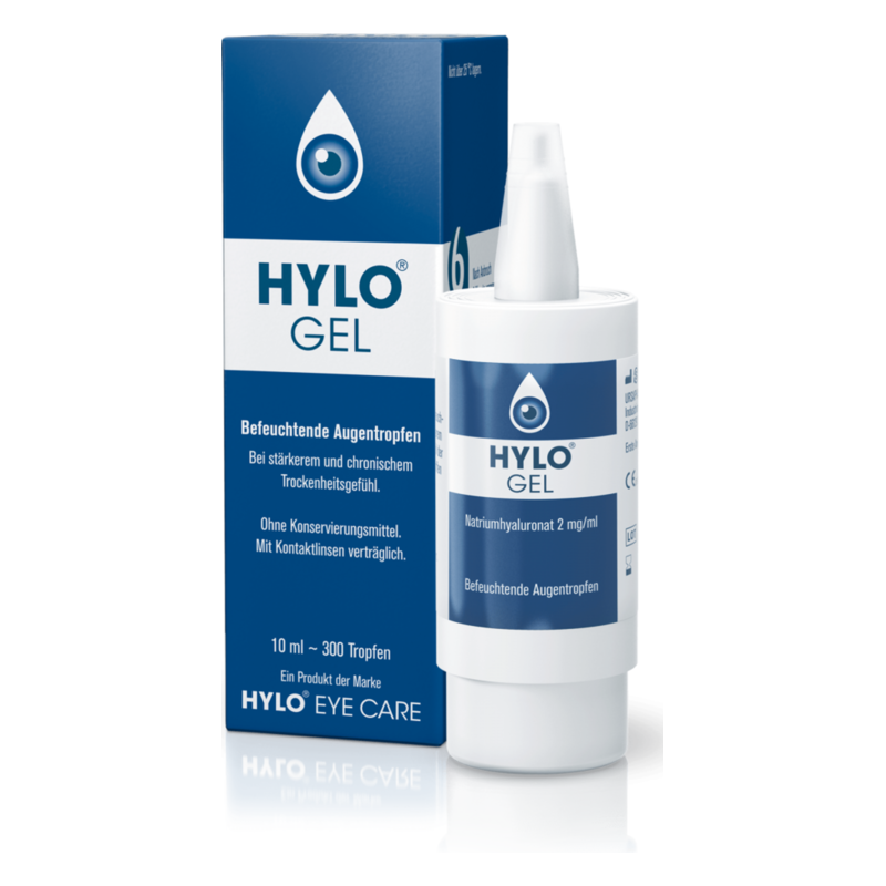Hylo-gel-ursapharm-2025.png Flasche mit befeuchtenden Augentropfen in einer Verpackung, hervorgehoben die Marke HYLO und deren Eigenschaften.