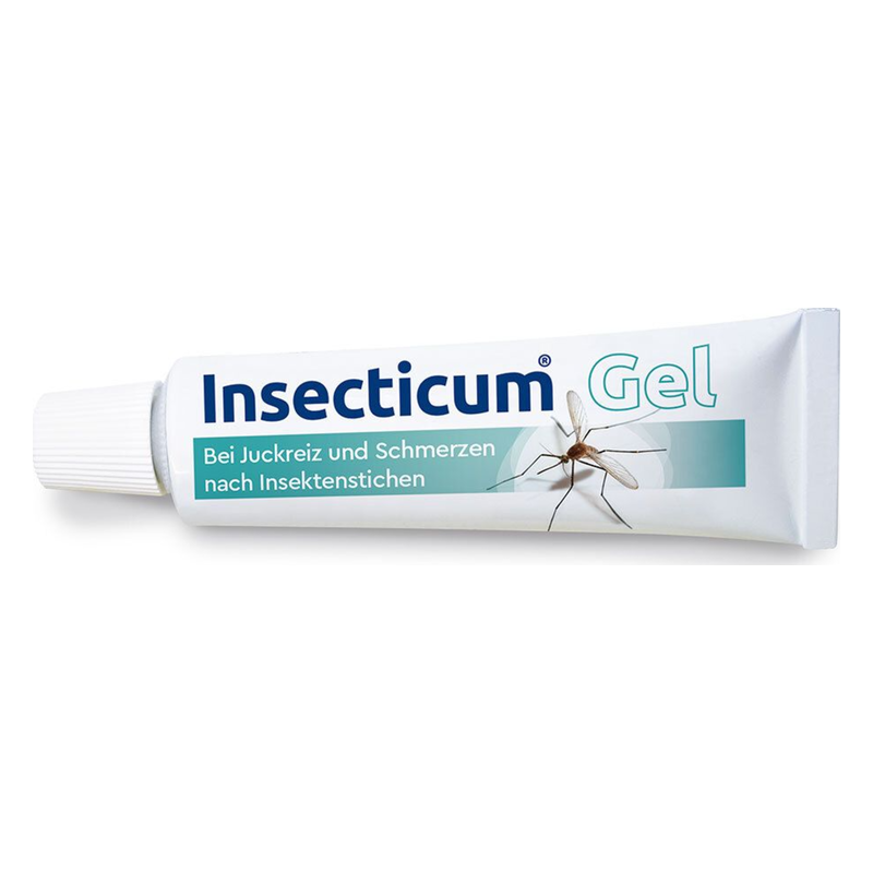 Insecticum-2025.png Tube mit Insecticum Gel zur Linderung von Juckreiz und Schmerzen nach Insektenstichen, abgebildet mit Mücke.