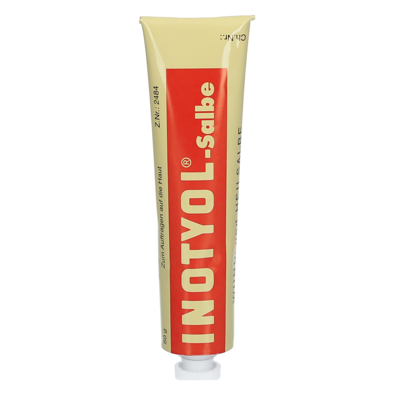 Inotyol-Salbe-2025.png Tube Inotyol-Salbe in einer gelben Verpackung mit rotem Aufdruck, zur Anwendung auf der Haut.