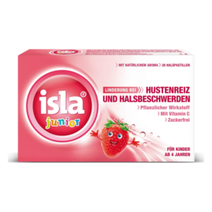 Packung von isla junior für Kinder ab 4 Jahren, enthält 20 zuckerfreie Halspastillen mit Erdbeer-Duft und Vitamin C.