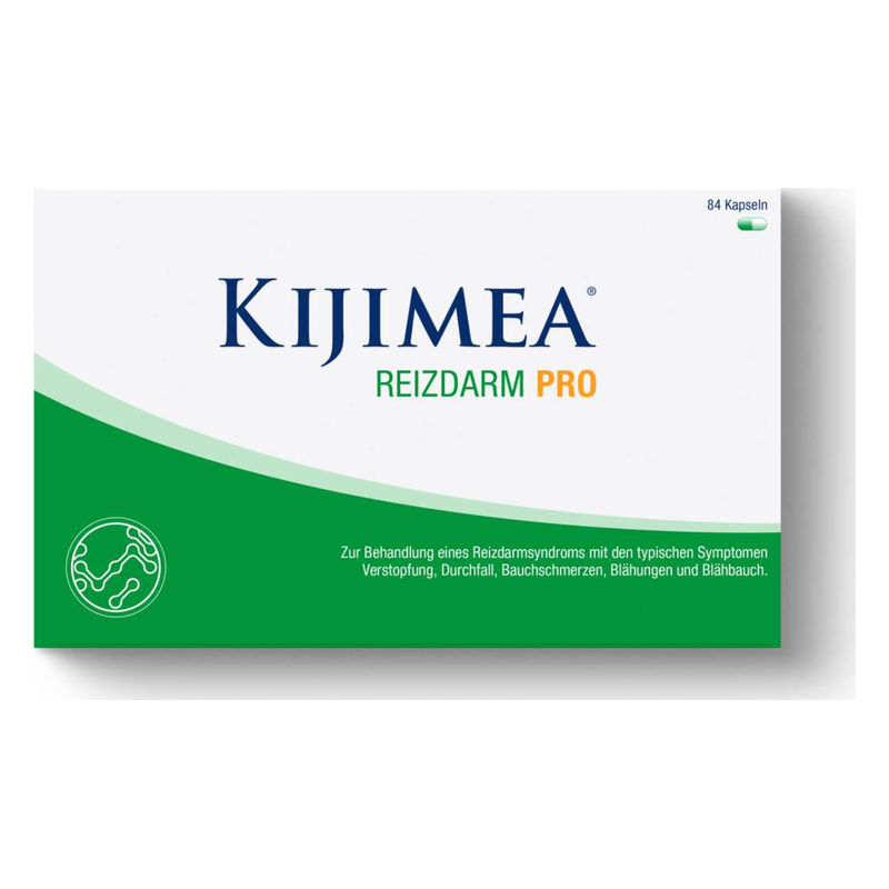 Kijimea-reizdarm-pro-84st-2025.png Verpackung von Kijimea Reizdarm Pro zur Behandlung von Reizdarmsyndrom-Symptomen, 84 Kapseln.