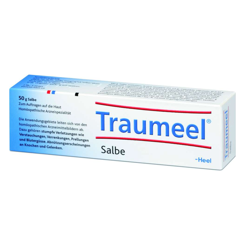 Traumeel-Salbe-2025.png Helle Verpackung einer homöopathischen Salbe namens Traumeel mit Anwendungsgebieten und Dosierungshinweisen.