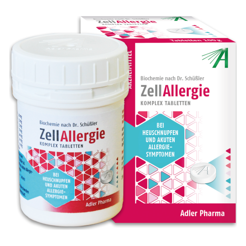 Zell-Allergie-bio-chemie-2025.png Packung und Dose mit ZellAllergie Tabletten zur Linderung von Heuschnupfen und akuten Allergie-Symptomen.
