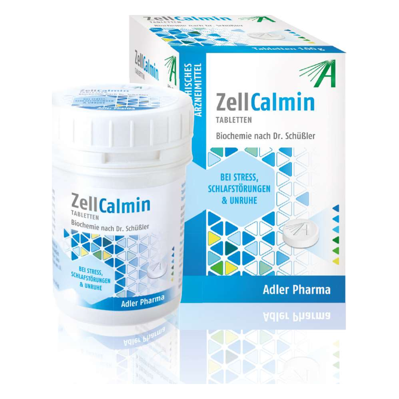 Zell-Calmin-Adler-biochemie-2025.png Verpackung von ZellCalmin Tabletten in einer weißen Dose und einer farbigen Box, zur Linderung von Stress und Schlafstörungen.