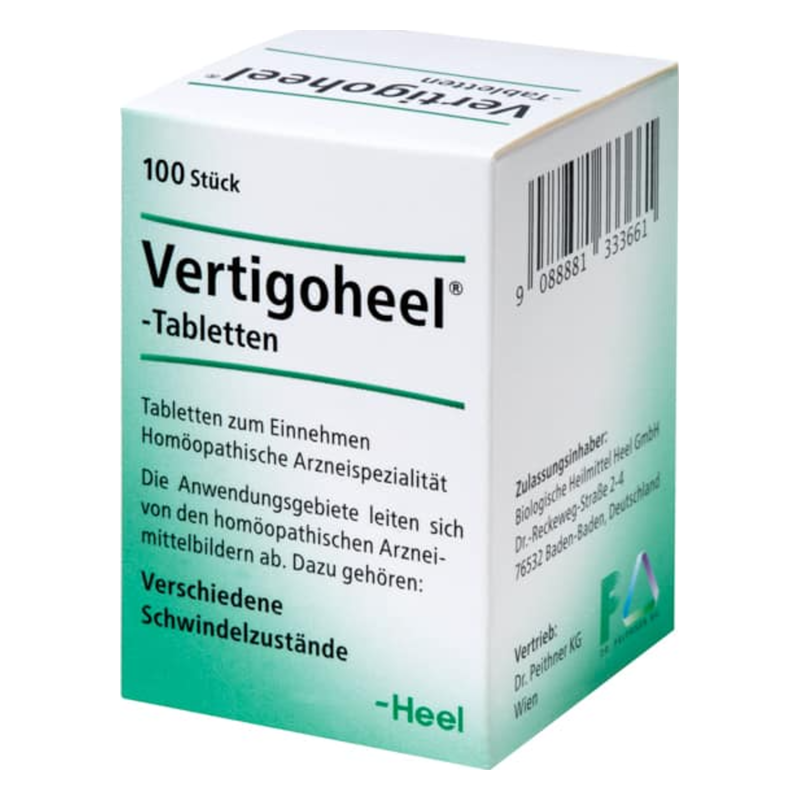 VertigoheelTabletten-2025.png Packung mit Vertigoheel-Tabletten zur Behandlung verschiedener Schwindelzustände in homöopathischer Form.