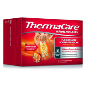 Verpackung von ThermaCare Wärmeauflagen zur Schmerzlinderung, zeigt Anwendung auf Rücken mit Wärmezellen.