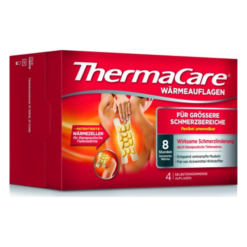 ThermaCare-Flexible-Anwendung-Gross-4-stk.png Verpackung von ThermaCare Wärmeauflagen zur Schmerzlinderung, zeigt Anwendung auf Rücken mit Wärmezellen.