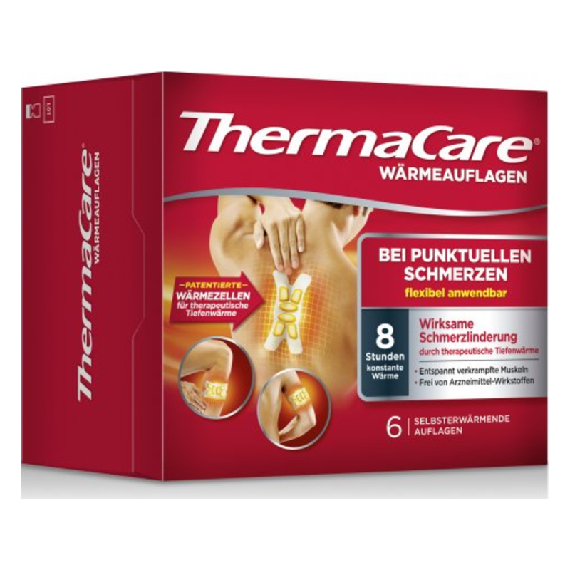 Verpackung von ThermaCare Wärmepflastern zur Behandlung punktueller Schmerzen, flexible Anwendung, Selbstwärme, 8 Stunden Wirkung.