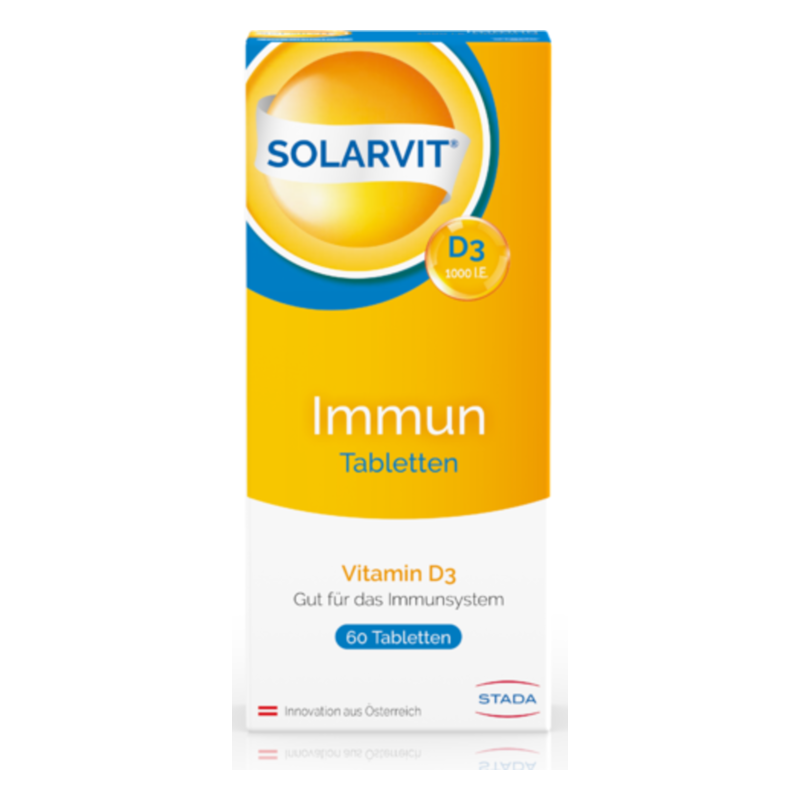 Solarvit-d3-immun-tabletten-2025.png Verpackung von Solarvit Immun, Vitamin D3 Tabletten, 1000 IE, in einer hellen, gelben Box.