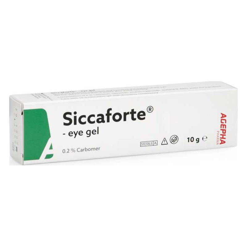 siccaforte-augengel-2025.png Verpackung von Siccaforte Augen-Gel, 10 g, mit grüner Markierung und Hinweis auf 0,2 % Carbomer.