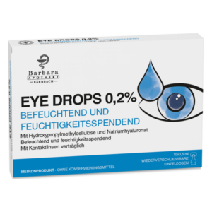 Verpackung von feuchtigkeitsspendenden Augentropfen, 0,2%, mit essentiellen Inhaltsstoffen und Anwendung für Kontaktlinsen.