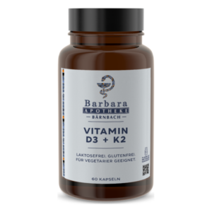 Braune Glasflasche mit schwarzem Deckel, enthält Vitamin D3 und K2 Kapseln, laktose- und glutenfrei, vegetarisch.