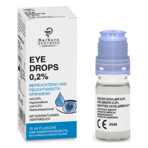 Augentropfen in 10 ml Flasche mit blauem Verschluss, verpackt in einer beschrifteten Schachtel.