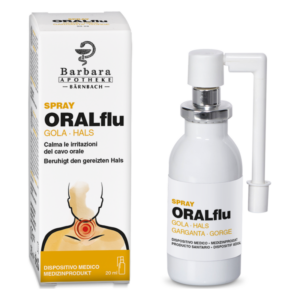 ORALflu Halsspray in einer weißen Flasche mit Sprühaufsatz und Verpackung zur Linderung von Mundschmerzen.