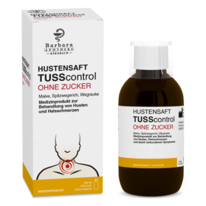 Husten- und Halsschmerzsaft ohne Zucker in einer braunen Flasche mit einem weißen Karton, der Inhaltsstoffe anzeigt.