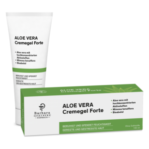 Aloe Vera Cremegel Forte in einer Tube und Verpackung, beruhigt und spendet Feuchtigkeit für gestresste Haut.