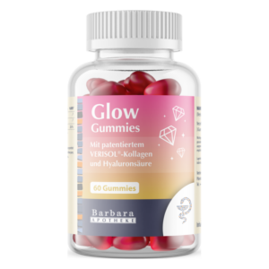 Glasbehälter mit roten Gummies, beworben als Glow Gummies mit Kollagen und Hyaluronsäure.