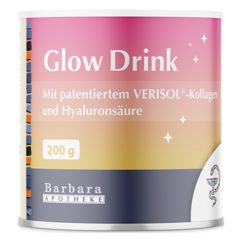 GlowDrink_2025.png Dose mit rosafarbenem Verpackungsdesign für den Glow Drink, enthält VERISOL-Kollagen und Hyaluronsäure, 200 g.