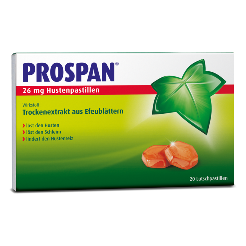Prospan-Hustenpastillen-2025.png Packung mit Prospan Hustenpastillen, enthält Efeublätter-Extrakt zur Linderung von Husten und Schleim.