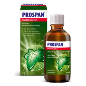Flasche mit Prospan Hustentropfen und Verpackung, zeigt Efeublätter-Symbol und Wirkstoffe ohne Zucker.
