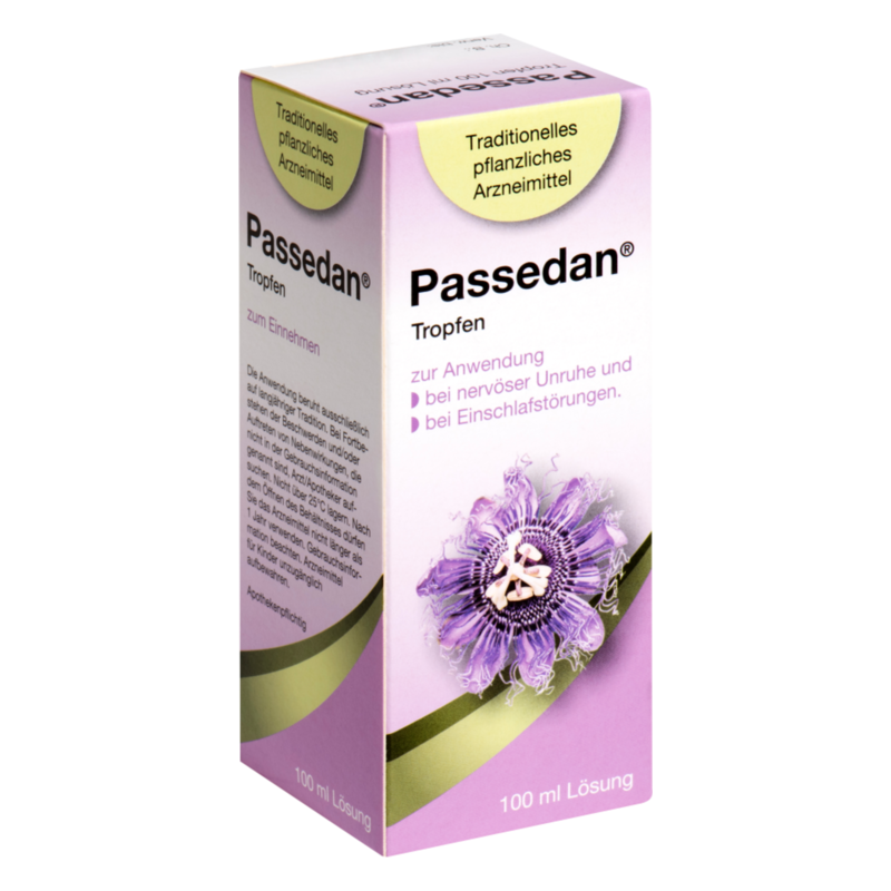 passedan-tropfen-100ml-2025.png Verpackung von Passedan Tropfen, einem pflanzlichen Arzneimittel zur Linderung von nervöser Unruhe und Schlafstörungen.
