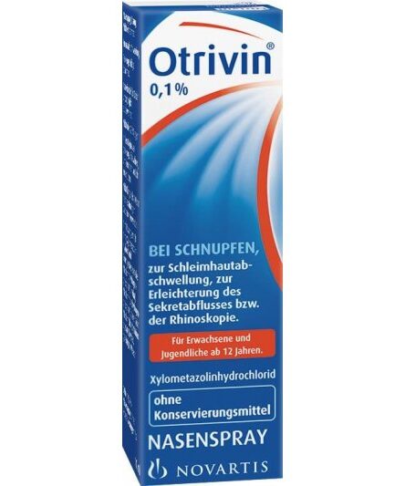 Otrivin Nasenspray in einer blauen Verpackung mit Informationen zur Anwendung und Inhaltsstoffen.
