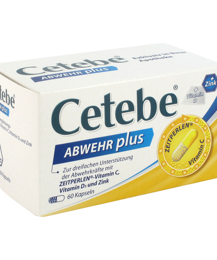 Verpackung von Cetebe ABWEHR plus, die 60 Kapseln zur Unterstützung der Abwehrkräfte mit Vitaminen enthält.