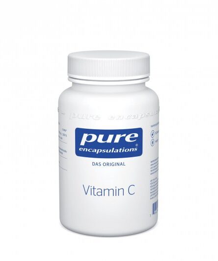 Weißer Kunststoffbehälter mit Vitamin C von Pure Encapsulations und blauem Etikett.