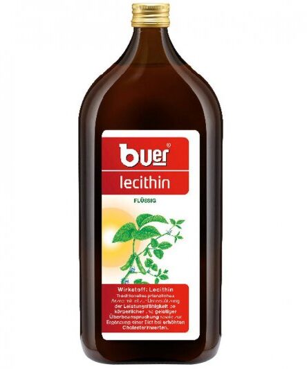 Braune Flasche mit Flüssiglecithin, Etikett enthält Produktinformationen und Pflanzenmotiv.